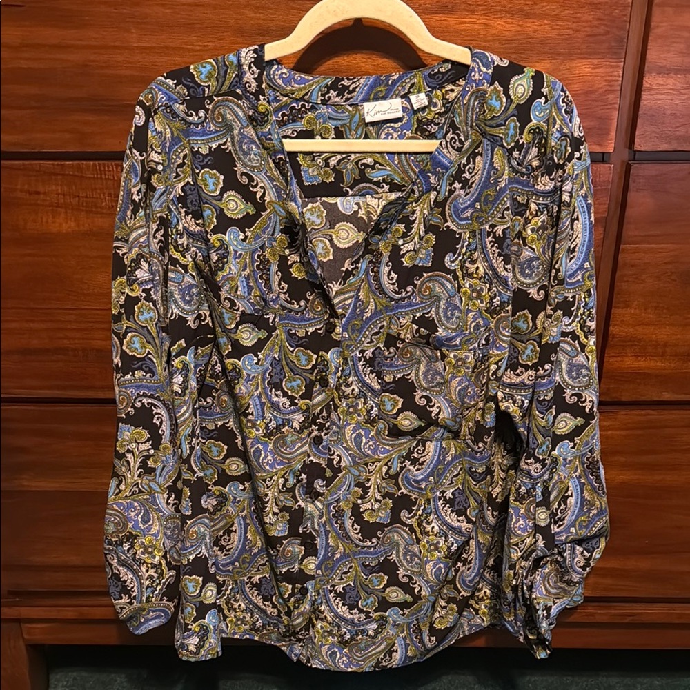 Kim Rogers Blue 3/4 Sleeve Wrap Blouse
